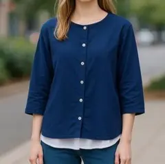 美品 ミッシェルクラン シャツ M ネイビー ボタン付き 長袖 背面スリット入り