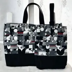 レッスンバッグ シューズバッグ ２点セット 幾何学柄 モノトーン 入園 入学