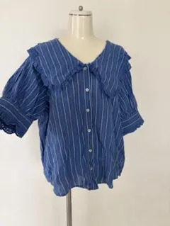 ZARA 涼しい素材！ストライプ柄 ビッグカラー 半袖ブラウス