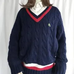 70~80s IZOD LACOSTE ニット セーター ネイビー ケーブル編みのサムネイル