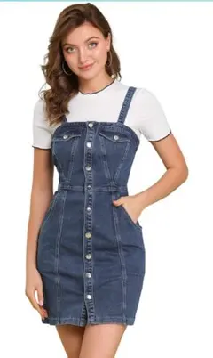 Allegra K デニム ス サロペットスカート  ストラップ 前ボタン付き