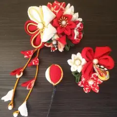 卒業式 七五三に 赤系髪飾りセット つまみ細工オマケ付