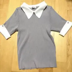 イング　半袖　ニット　グレー　襟付き リブ　M パールボタン