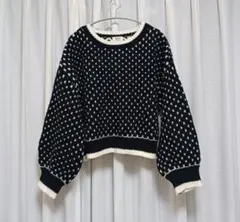 BEAMS HEART ネイビー ホワイト 可愛いドット柄 ニット ショート丈