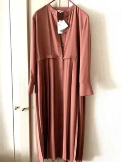 新品タグ付き❤️PLST ❤️長袖ジョーゼットプリーツ シャツワンピースMオレンジ