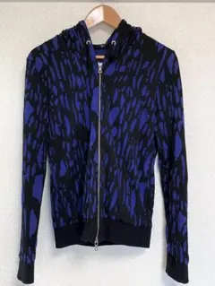 メンズ　NO ID. 総柄ジップアップパーカー ダブルジップ ブラック×ブルー