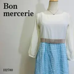 ボンメルスリー ワンピース リボンウエスト 七分袖 身頃シルク混 Ｍ 白×薄青