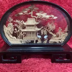 中国伝統工芸品】コルク彫刻 軟木画 置物 楼閣山水風景 ガラスケース