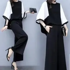 上下セット　セットアップ　パンツ　カジュアル　オフィス　モノトーン　フリーサイズ