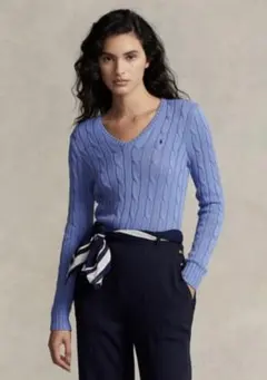 【試着のみ】ポロラルフローレン ケーブル Vネック ニット セーター M ブルー