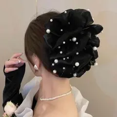 ヘアクリップ　大ぶり　パール　黒　髪飾り　ヘアアレンジ　リボン　フォーマル