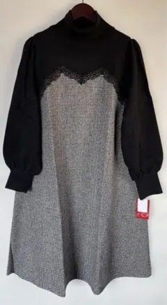 タートルネックレース付きチェック柄ワンピースL