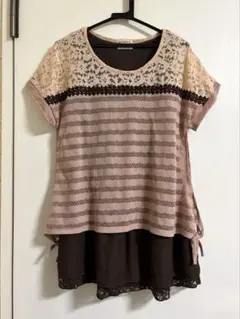 axes femme レース切り替え 半袖レイヤードカットソー ピンクのサムネイル
