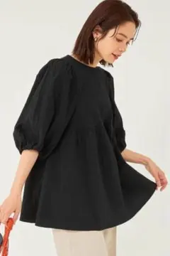 グリーンレーベルリラクシング サッカーボリュームスリーブブラウス 黒 ブラック