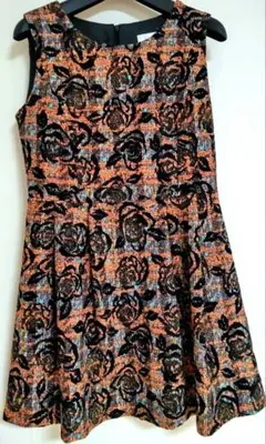 ツイードワンピース 黒×オレンジ ひざ上丈 Aライン 花柄