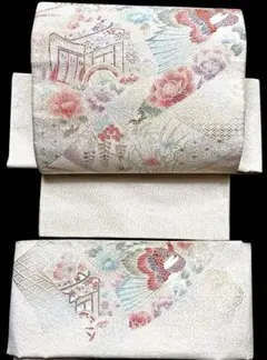 ♦️逸品　正絹　松皮菱取り花紋　二重太鼓の作り帯 手軽にお太鼓-作り帯】正絹 袋帯 二重太鼓 銀糸 和装小物（帯