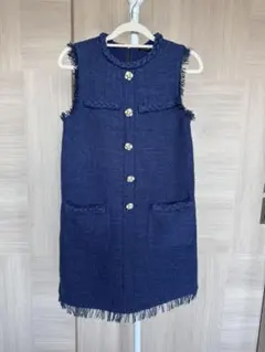 saturday club ネイビー ノースリーブ ワンピース フリンジ仕上げ