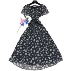 未使用級　ローラアシュレイ　ロングワンピース　花柄　ドット　リボン　Aライン　黒