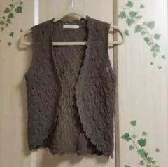 CROCODILE レース編み ニットジレブラウン