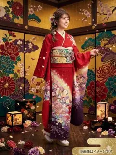 振り袖　フルセット　長襦袢付　金彩加工　刺繍入り　赤　金通し　成人式　874