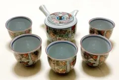 未使用　有田焼　清山窯　平安友禅　色絵急須＆湯呑5客　茶器セット