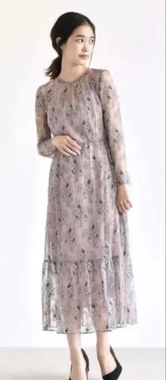 kaene 長袖ロングワンピース オールレース シアー 結婚式 花柄 F