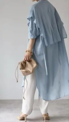 お値下げ！　ボンジュールサガン　バンドカラーデザインシャツワンピース　ブルー