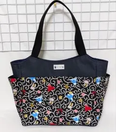 唐草招き猫・デニム・インディゴネイビーのサイドポケット付きトートバッグ