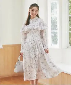 【新品】パール釦バックレースアップフリルヨークフラワープリントシャツワンピース