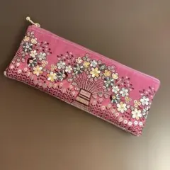ハンドメイド＊華やかインド刺繍リボンのペンケース＊花柄＊裏地付き