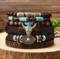 【男女兼用】Y2K アメカジ 6連 ターコイズ レザー ブレスレット ウエスタン