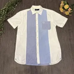 【美品】フレッドペリー 半袖シャツ XS ストライプ 切替 月桂樹ロゴ 白×青のサムネイル