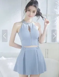 ライトブルー ハイネック ミニスカートセット