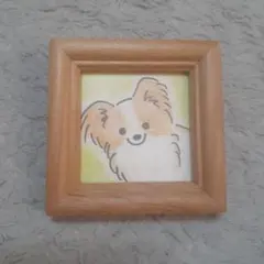 犬　イラスト　ハンドメイド　パピヨン　ブラウン　Papillon　額縁つき　原画