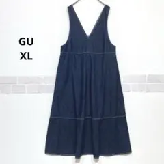GU デニムジャンパースカート ロング Vネック XL 大人カジュアル J880