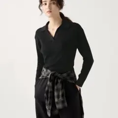 未使用ユニクロウォッシャブルニットリブポロセーター L ブラック