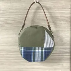 【ワケあり品】ハンドメイド 丸型 ハンドバッグ パッチワーク　カーキのサムネイル