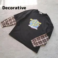 【デコルディブ】レイヤード風 Tシャツ 長袖 ブラック プリント チェック
