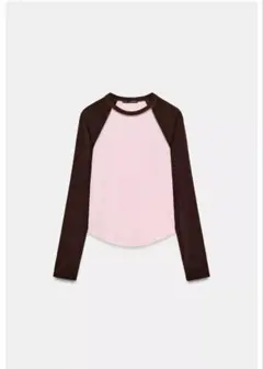 ZARA コントラスト色ラグランスリーブTシャツ カーキ M ピンク