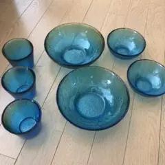 青色系ガラス製食器セット 7個