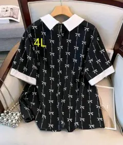 リボン柄 黒 半袖シャツ 4L