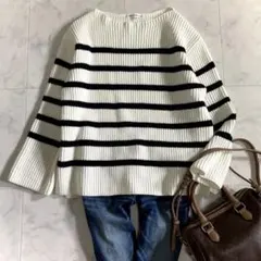 23区 畦編みボーダーニット コットン ホワイト 38