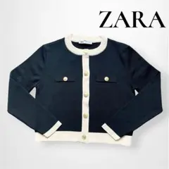 【ZARA】バイカラー　ニットカーディガン　ゴールドボタン　高見え　ブラック
