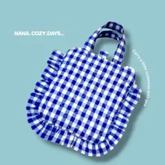 ギンガムチェックブルーミニミニフリルトートバッグポーチ ハンドメイド 小物入れ