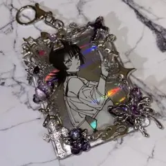 トレカケースキーホルダー　デコ　レジン　紫蝶　ギラギラ　y2k