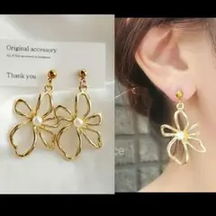 No.303 ニュアンスフラワー パール ピアス イヤリング ゴールド
