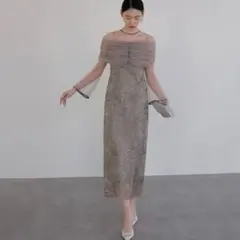 【LEJA】チュールオフショルダー花柄Iラインドレス