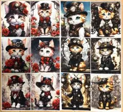 パネル生地 スチームパンク 猫 ネコ 赤と茶色