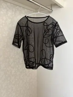 forksy. ニュアンス柄コード刺繍 シアー半袖Tシャツ 透け感 トップスのサムネイル