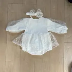 ホワイト花柄柄ロンパース・ヘアバンド付き